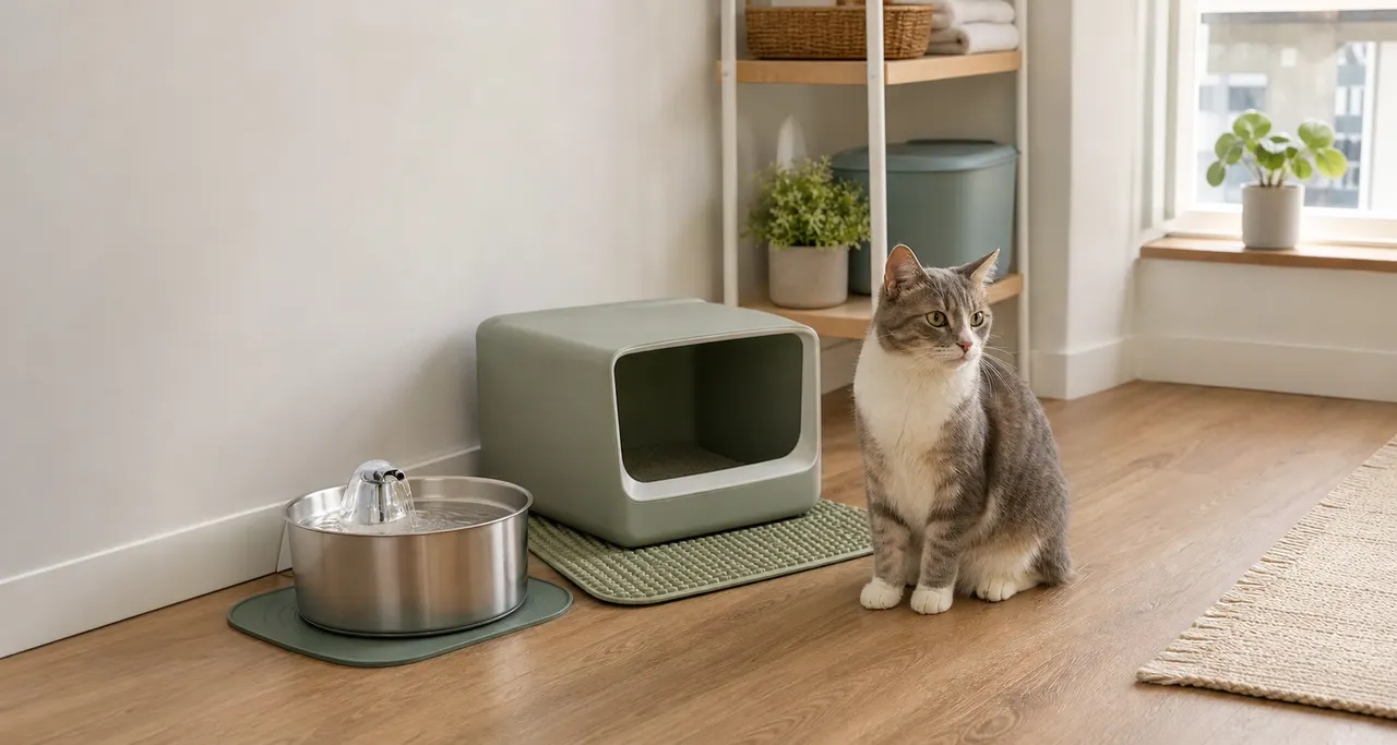 Illustration of a cat beside a fountain in a sunlit apartment, with a litter area nearby.